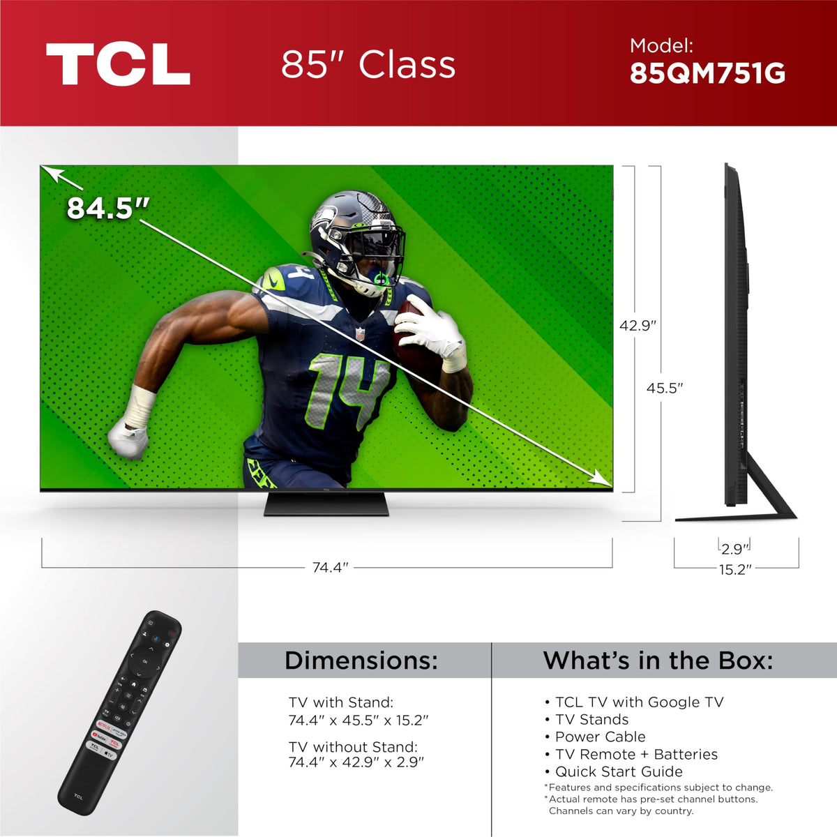 85-Inch QLED 4K Smart Mini LED TV with Google TV T793