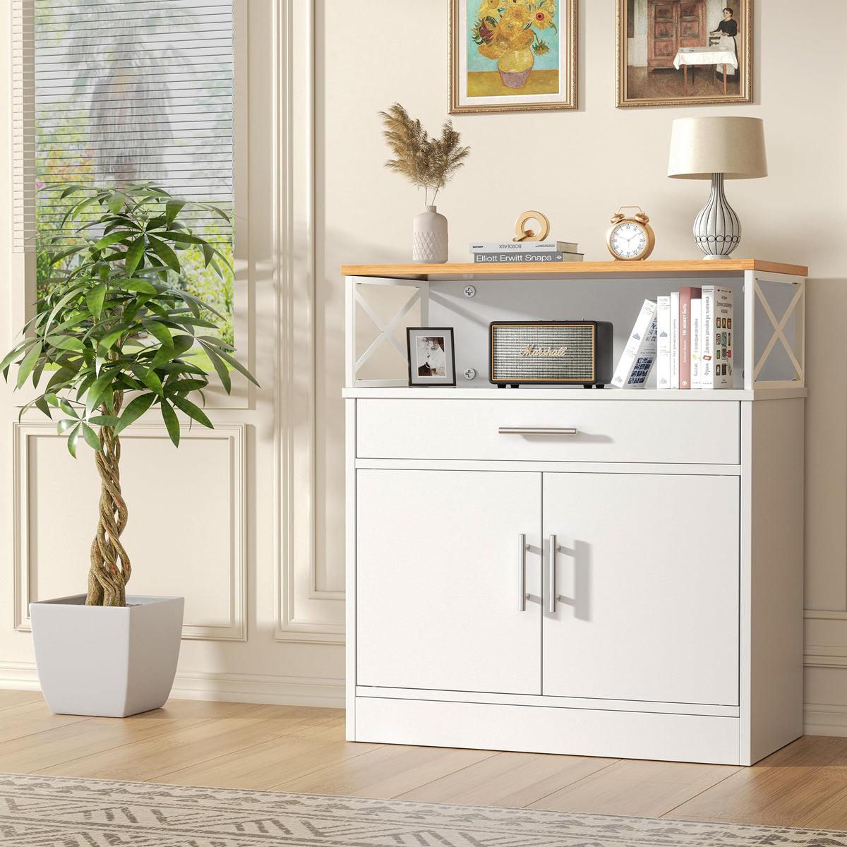 White Kitchen Buffet Cabinet with Adjustable Shelf H583