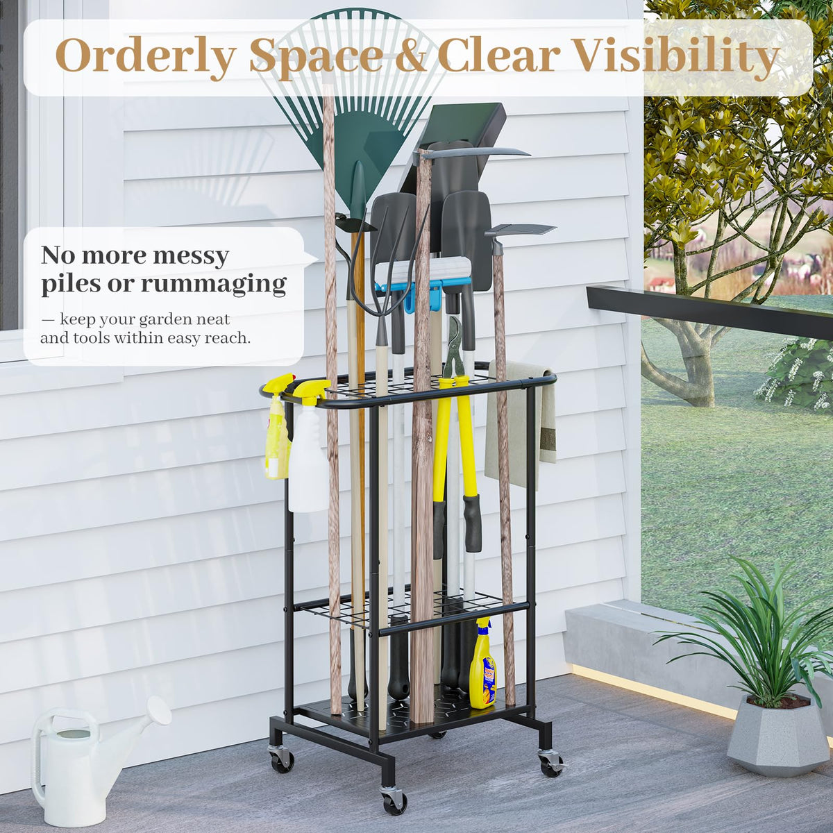 Heavy Duty Metal Garden Tool Organizer with Wheels I5766