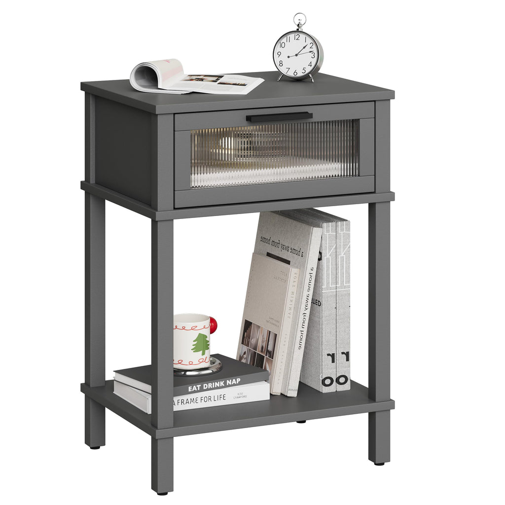 Grey Wooden Nightstand with Drawer and Storage Shelf R623982