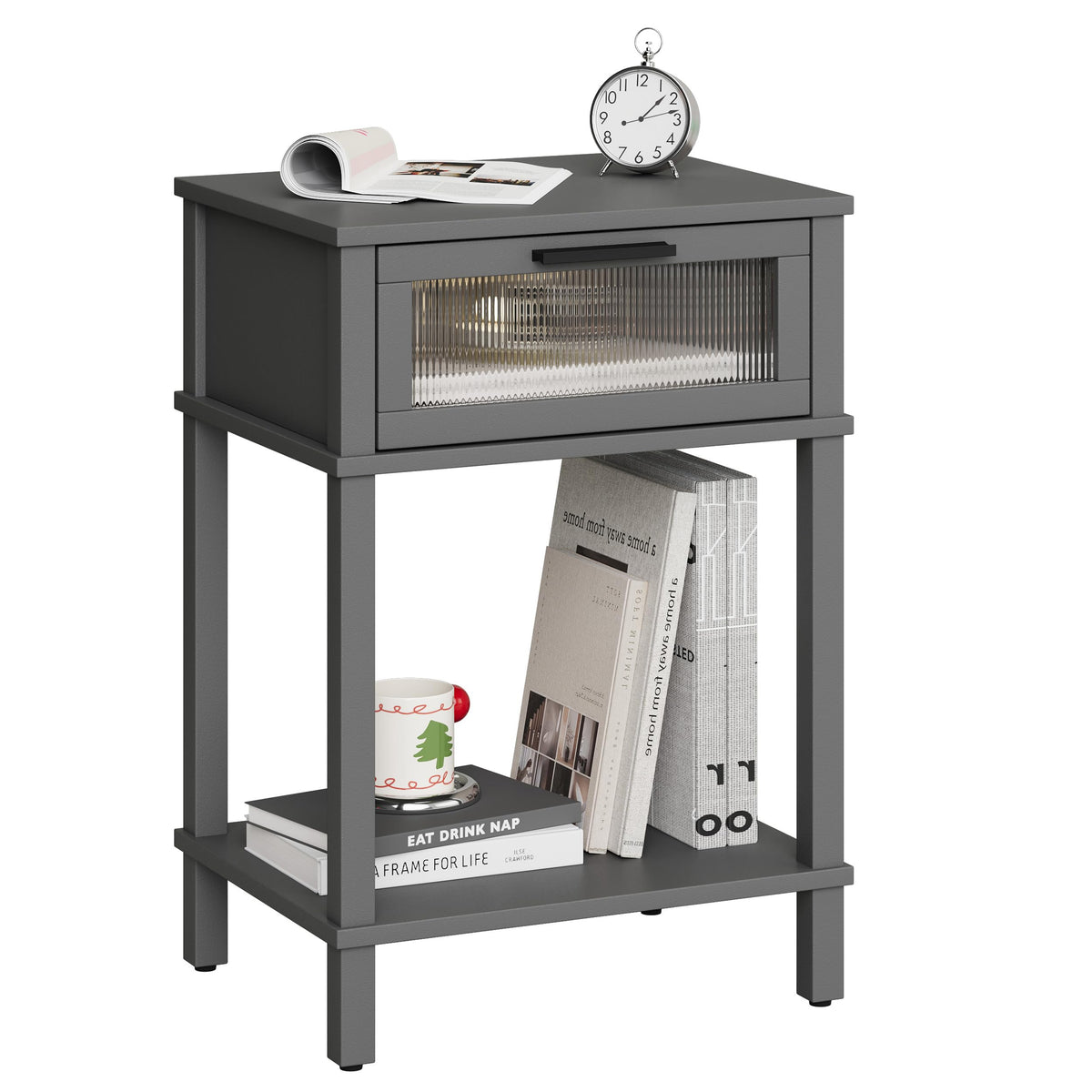 Grey Wooden Nightstand with Drawer and Storage Shelf R623982
