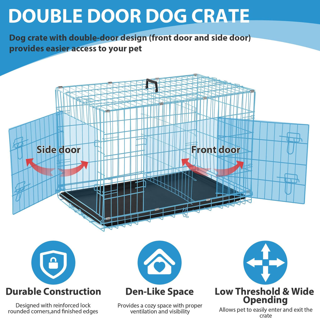 48 Inch Double-Door Folding Dog Crate with Tray and Handle H473276