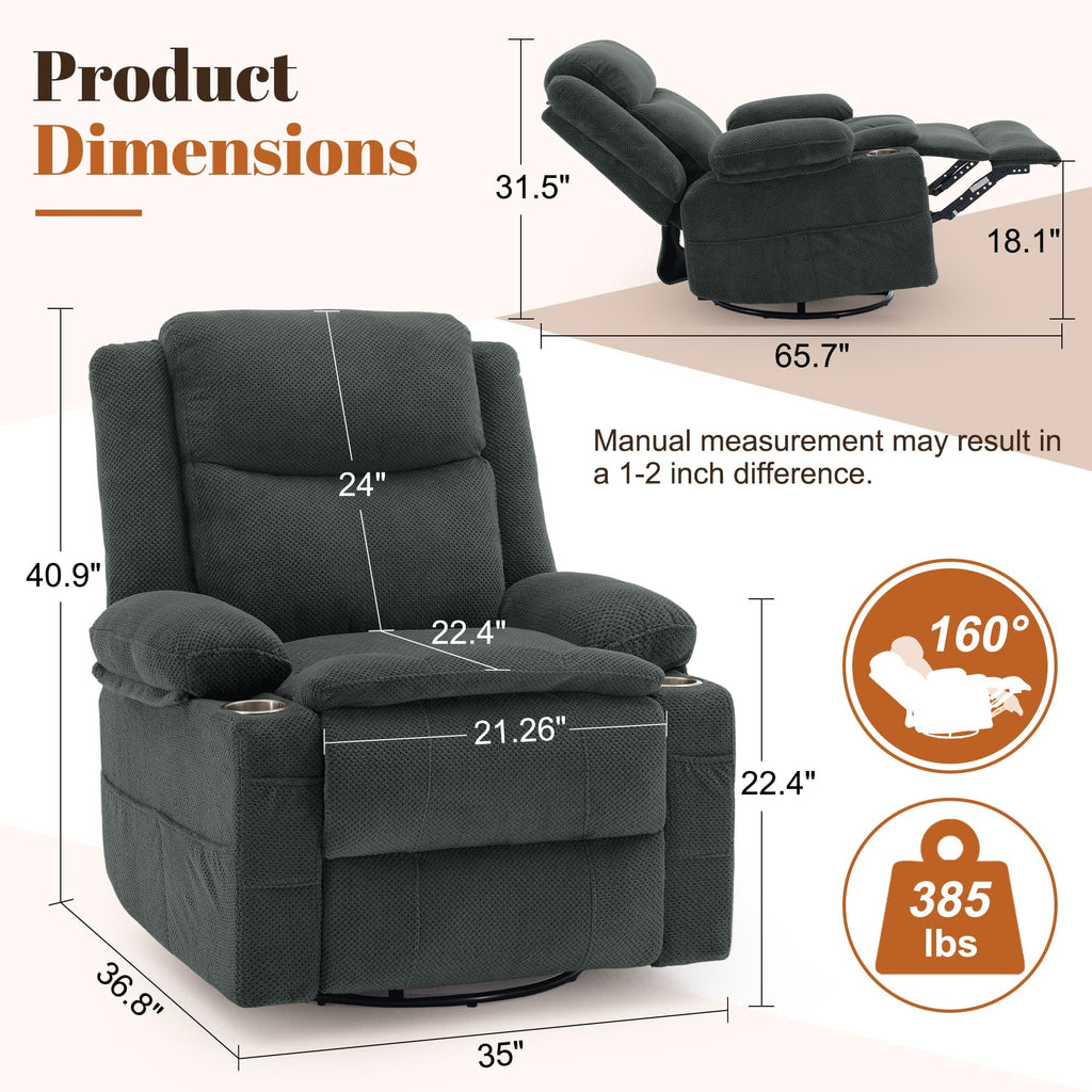 Gray Swivel Rocker Recliner with Massage & Heat Y637