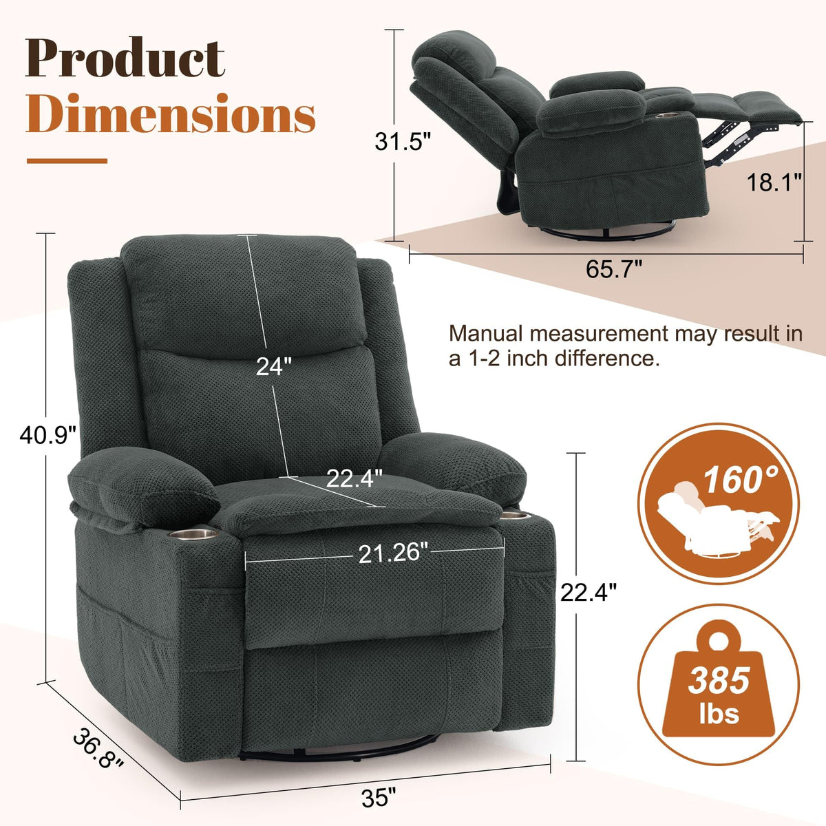 Gray Swivel Rocker Recliner with Massage & Heat Y637