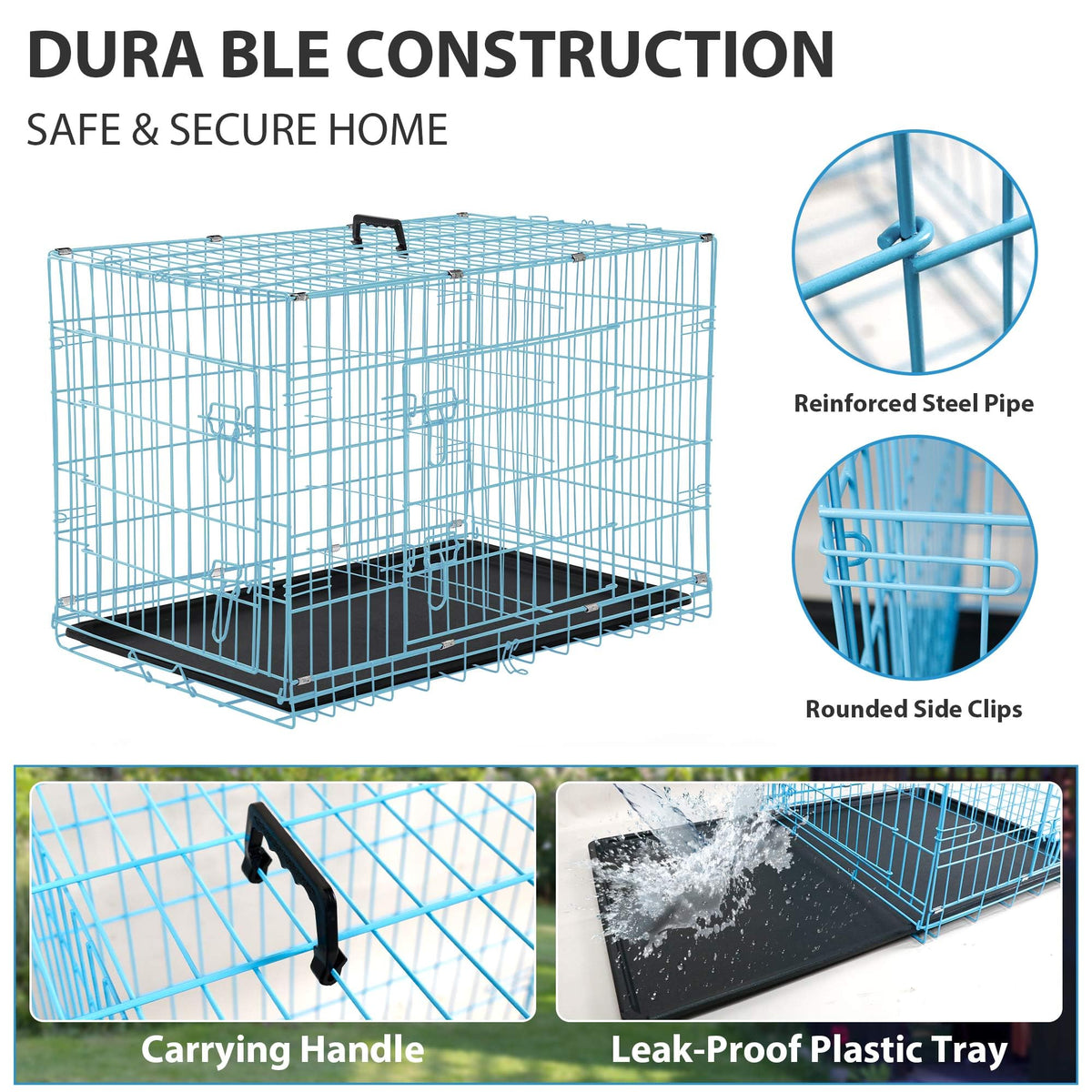 48 Inch Double-Door Folding Dog Crate with Tray and Handle H473276