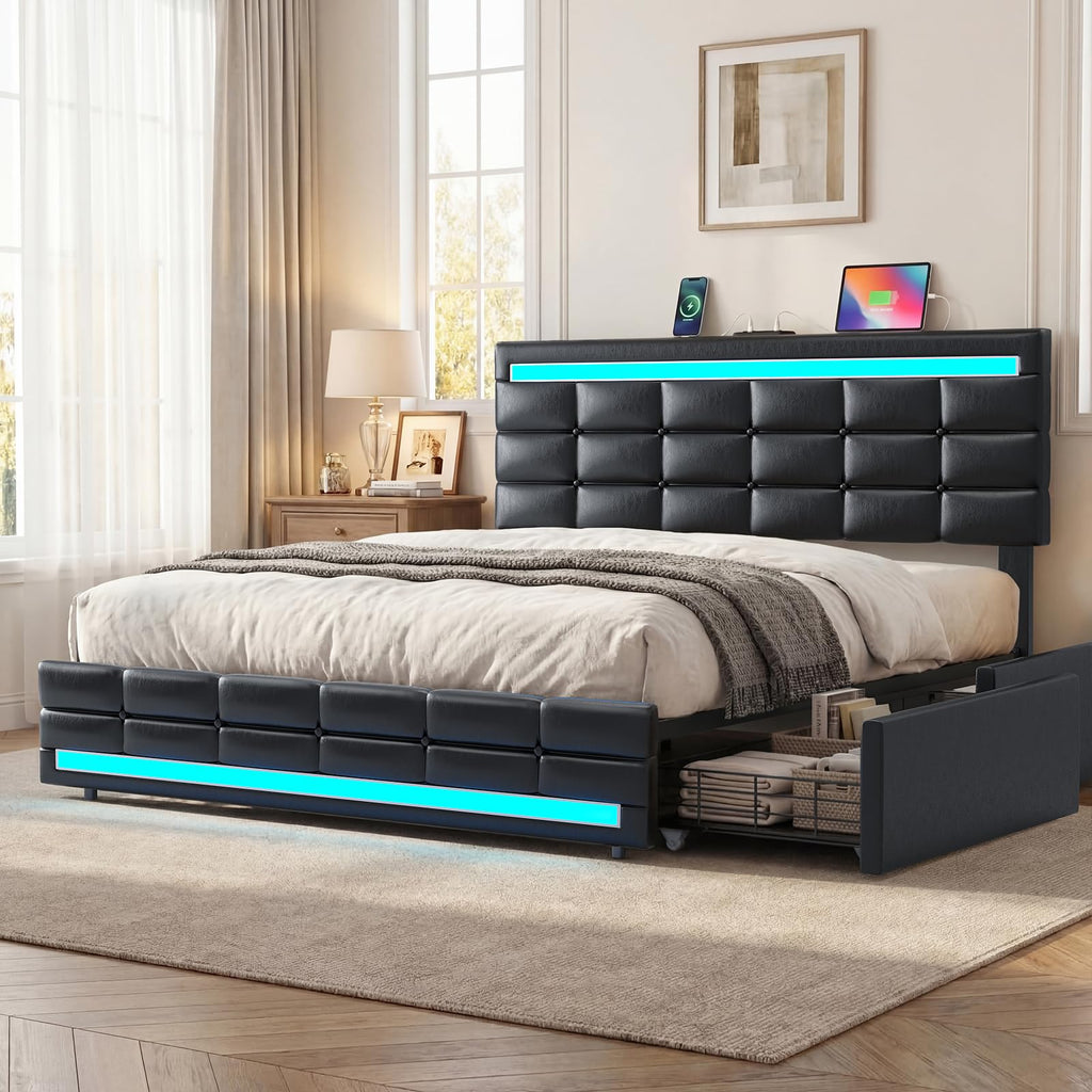 Queen Bed Frame with 4 Storage Drawers J422310