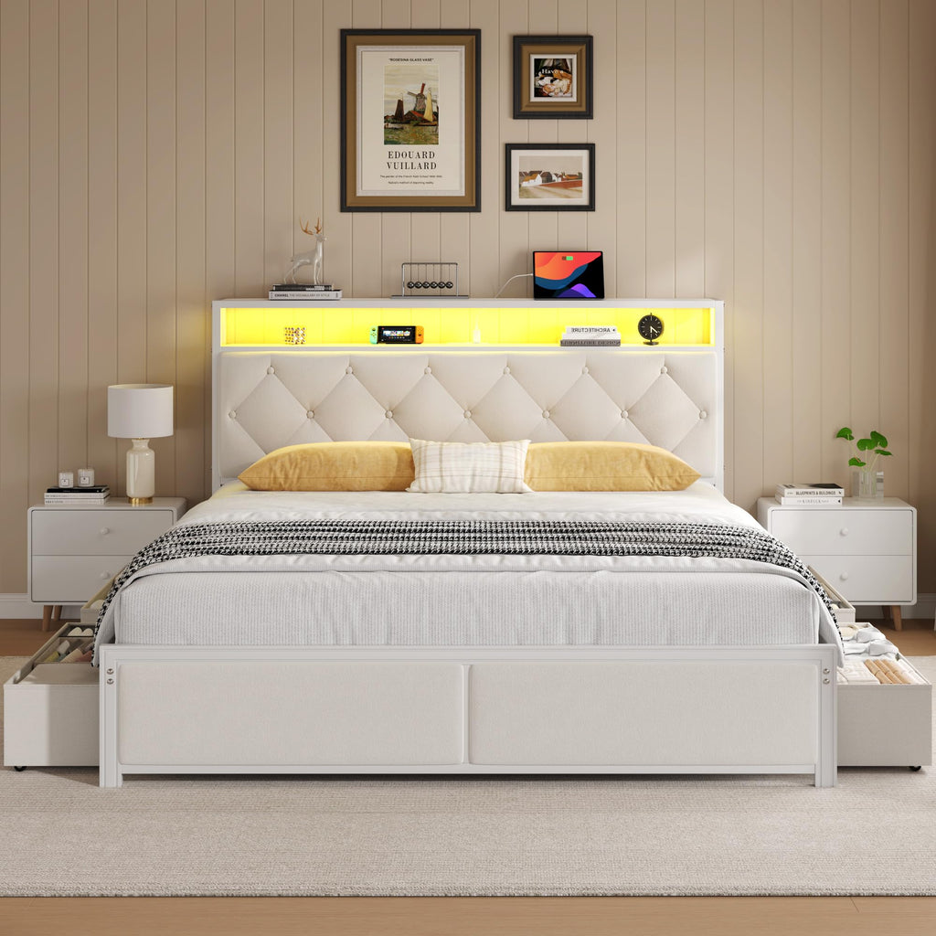 Queen Size Bed Frame with Headboard, Storage Drawers, Charging Station, Led Lights, Metal Structure, Beige N5120