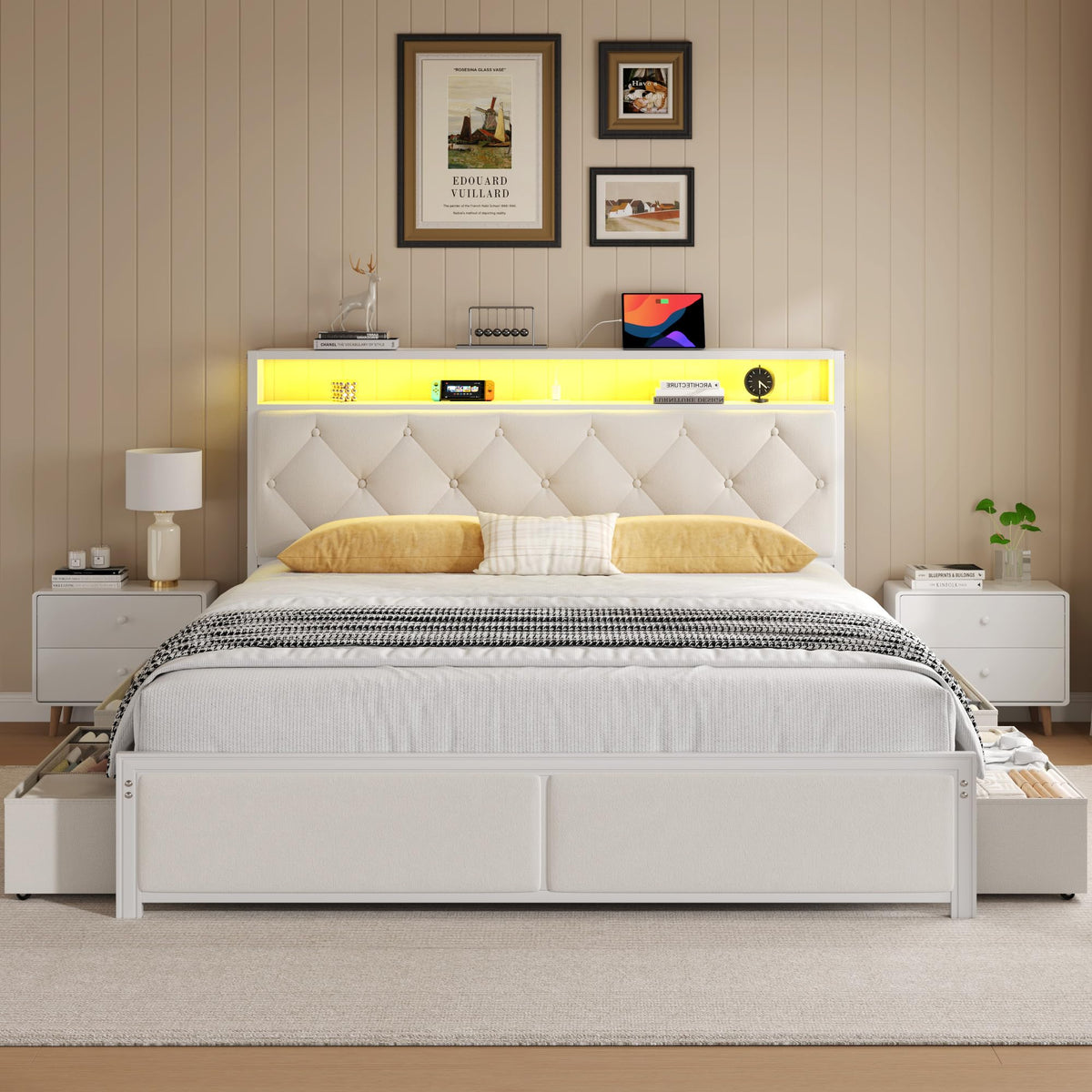 Queen Size Bed Frame with Headboard, Storage Drawers, Charging Station, Led Lights, Metal Structure, Beige N5120