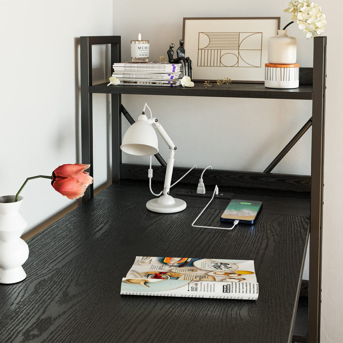 Black Computer Desk with Power Outlet and Storage Shelves D983