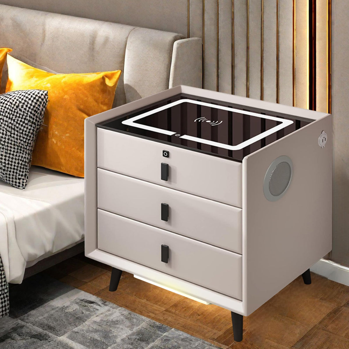 White 3 Drawer Nightstand with Fingerprint Lock and Wireless Charging P55213