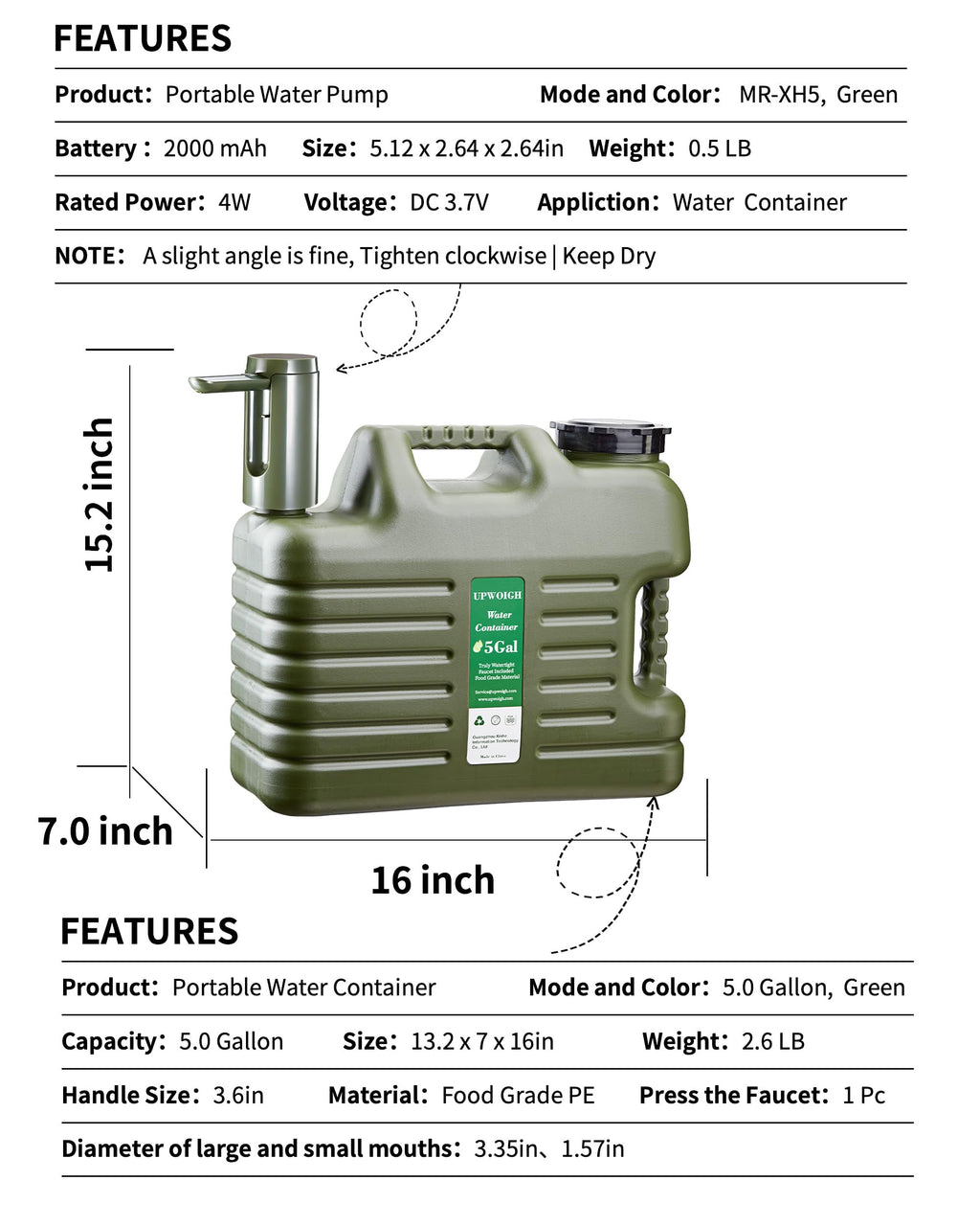 5 Gallon Water Jug with Rechargeable Touch Pump J220