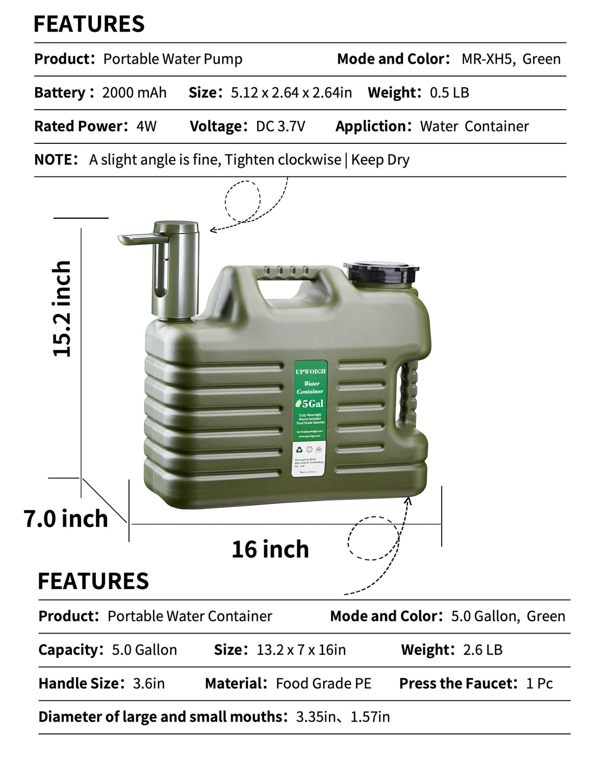 5 Gallon Water Jug with Rechargeable Touch Pump J220