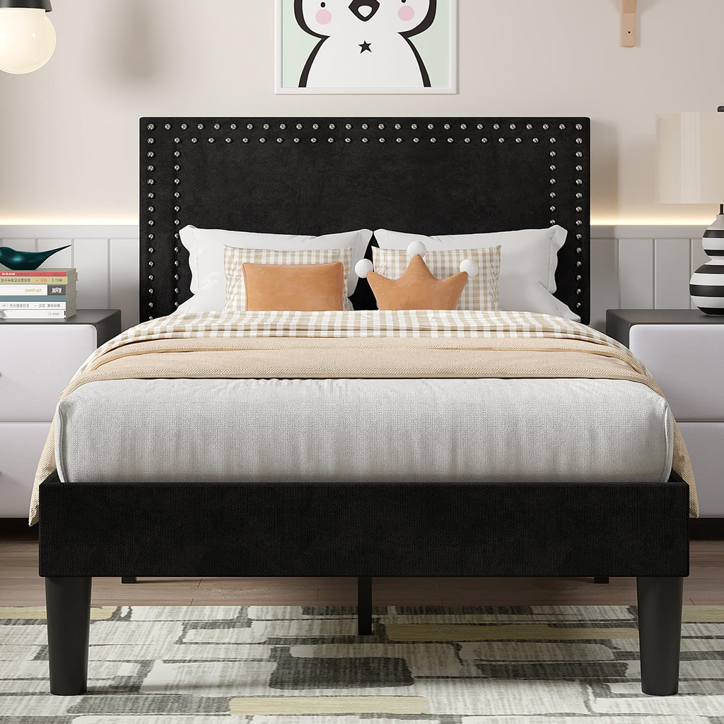 Twin Size Black Platform Bed Frame with Adjustable Upholstered Headboard L6252