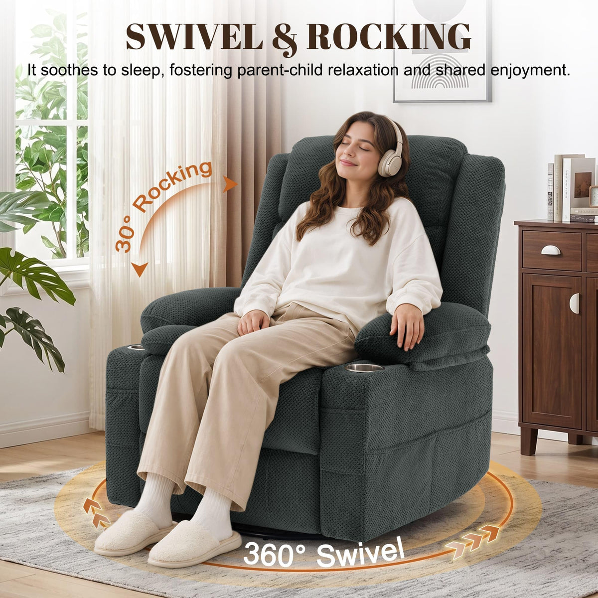 Gray Swivel Rocker Recliner with Massage & Heat Y637