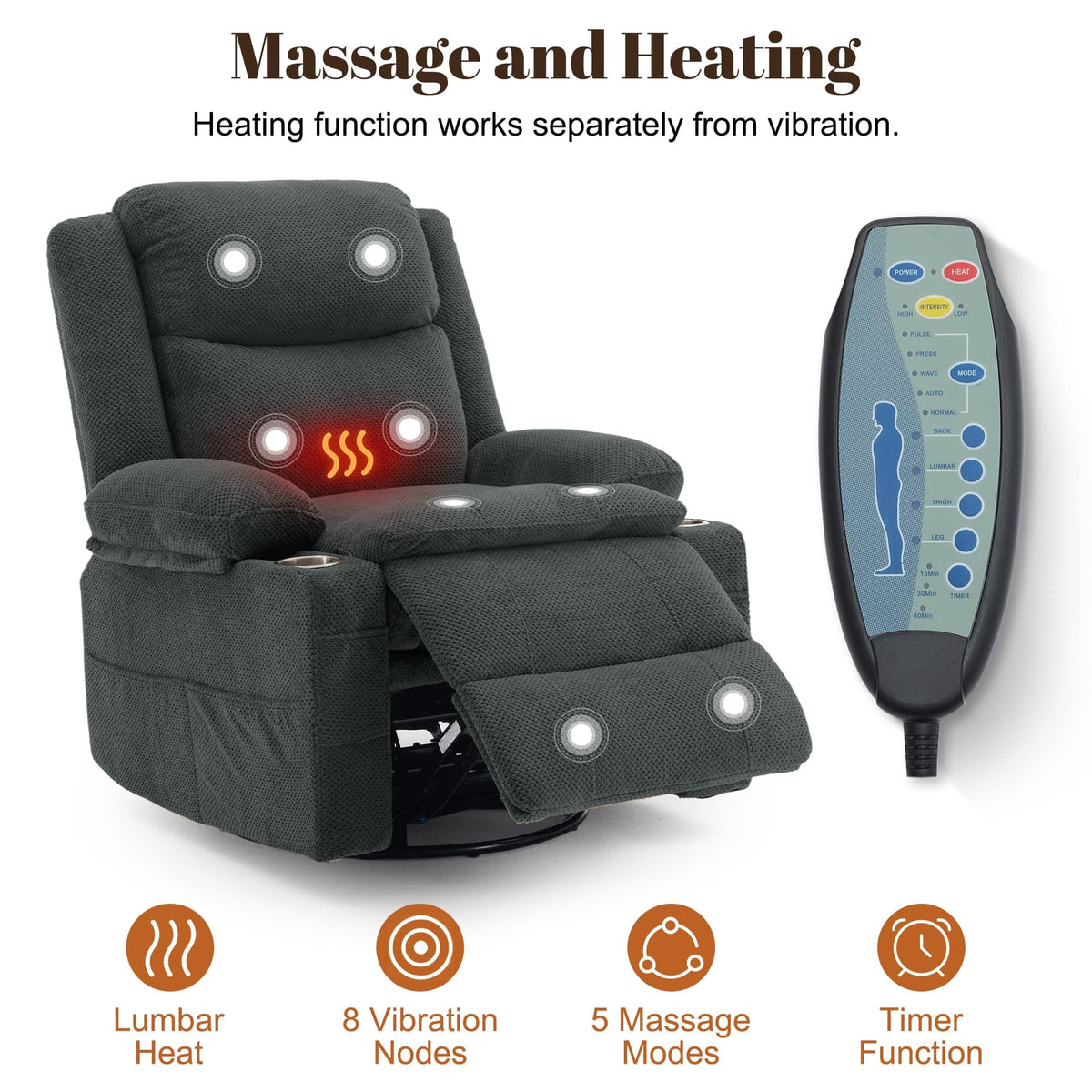 Gray Swivel Rocker Recliner with Massage & Heat Y637