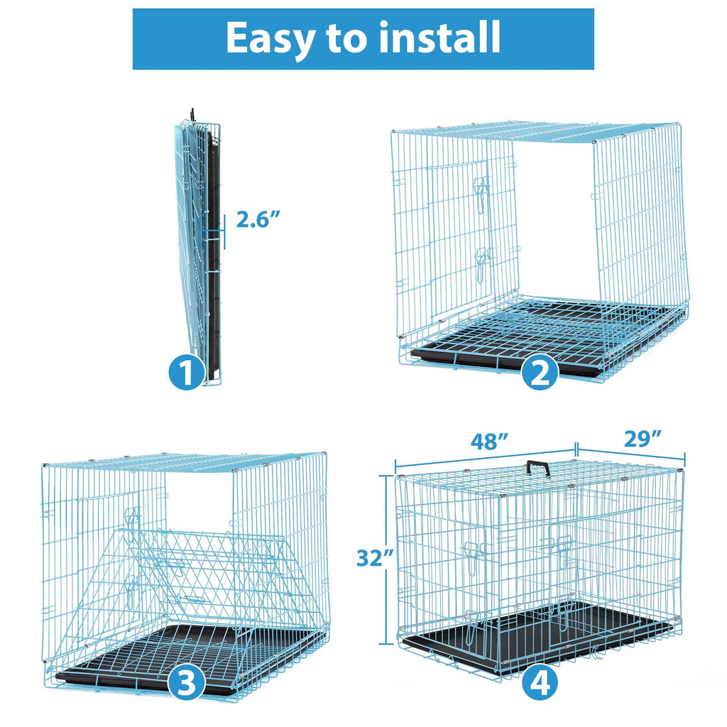 48 Inch Double-Door Folding Dog Crate with Tray and Handle H473276