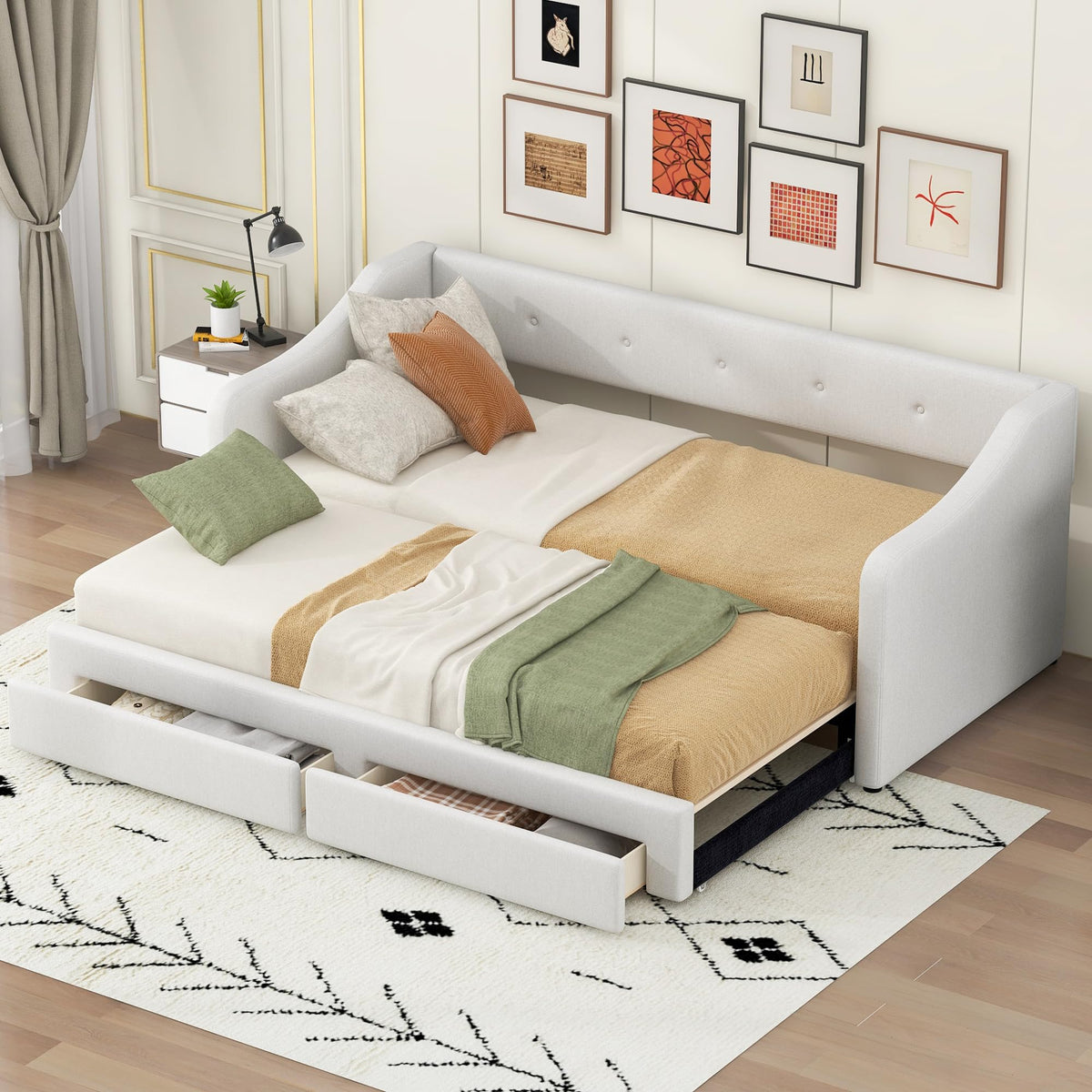 Beige Upholstered Daybed with Trundle and Storage Drawers Y420