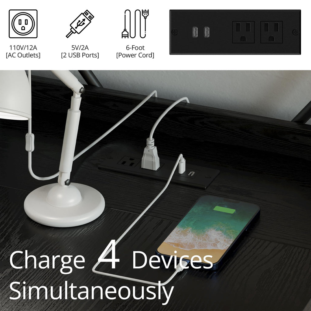 Black Computer Desk with Power Outlet and Storage Shelves D983