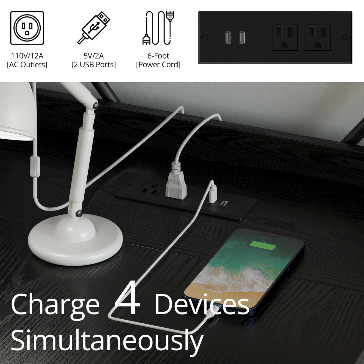 Black Computer Desk with Power Outlet and Storage Shelves D983