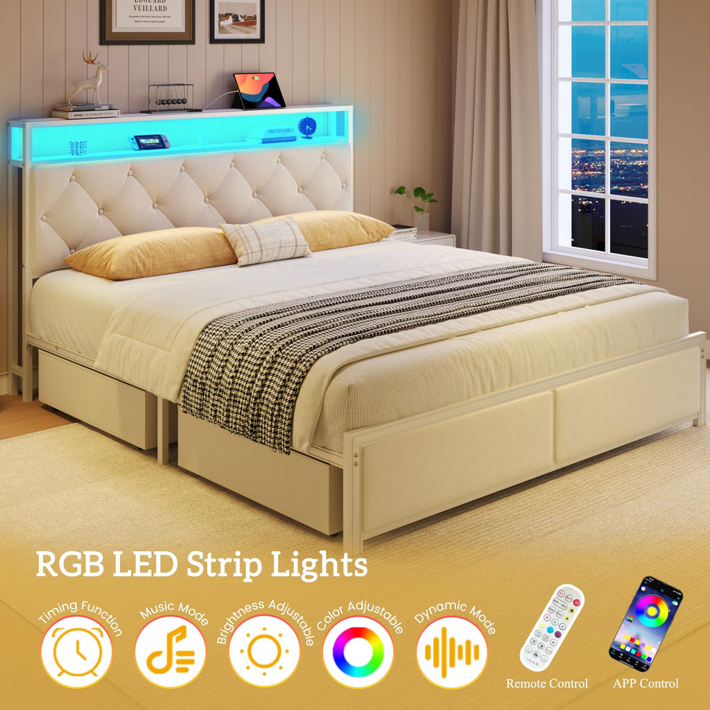 Queen Size Bed Frame with Headboard, Storage Drawers, Charging Station, Led Lights, Metal Structure, Beige N5120