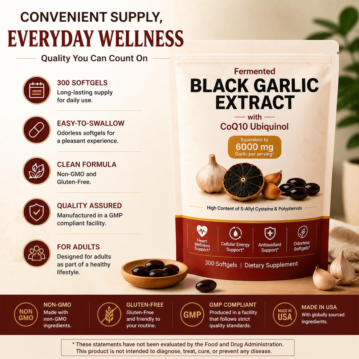 Black Garlic CoQ10 Capsules 300 Count Z210217