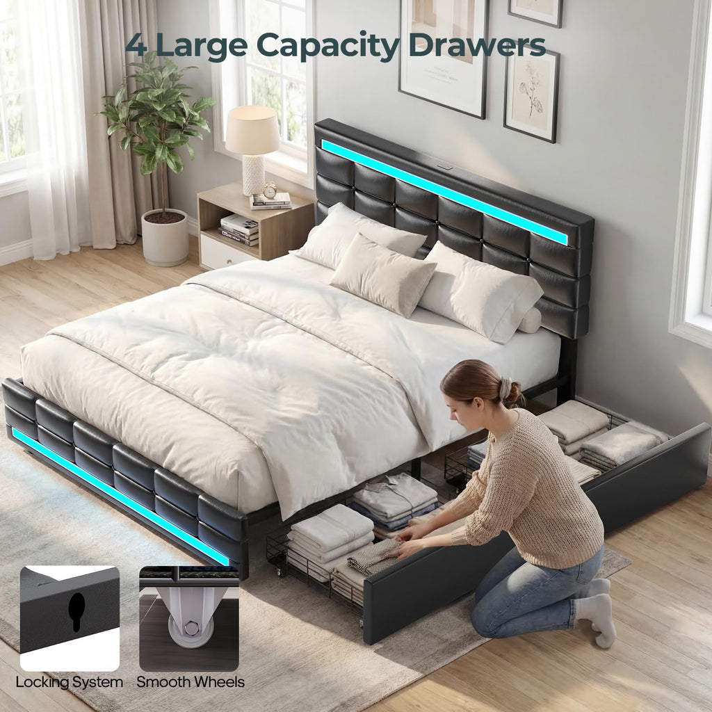 Queen Bed Frame with 4 Storage Drawers J422310