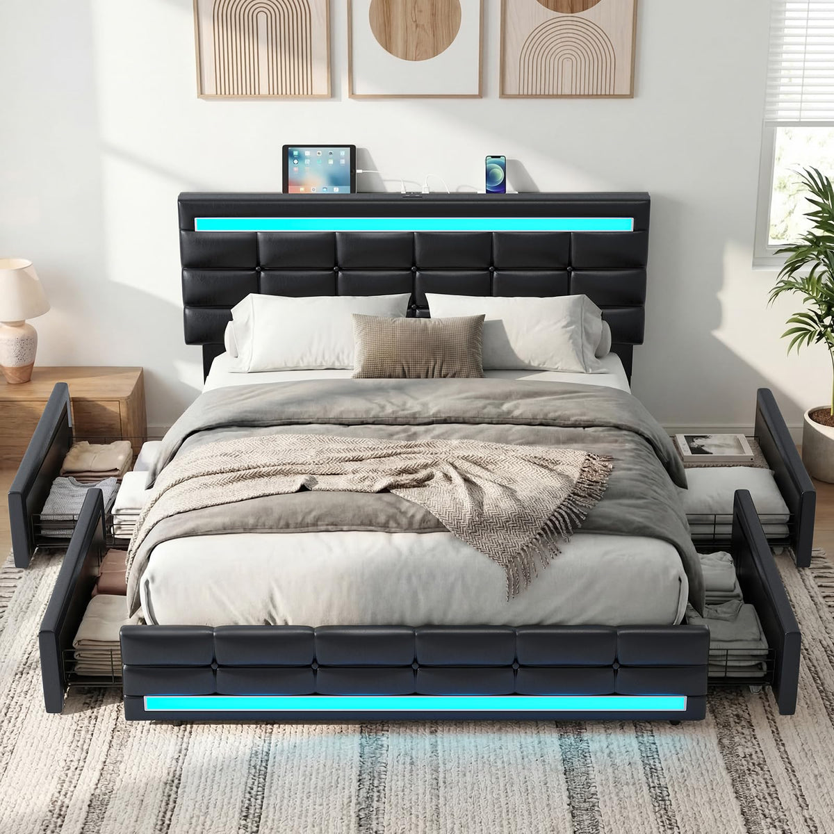 Queen Bed Frame with 4 Storage Drawers J422310