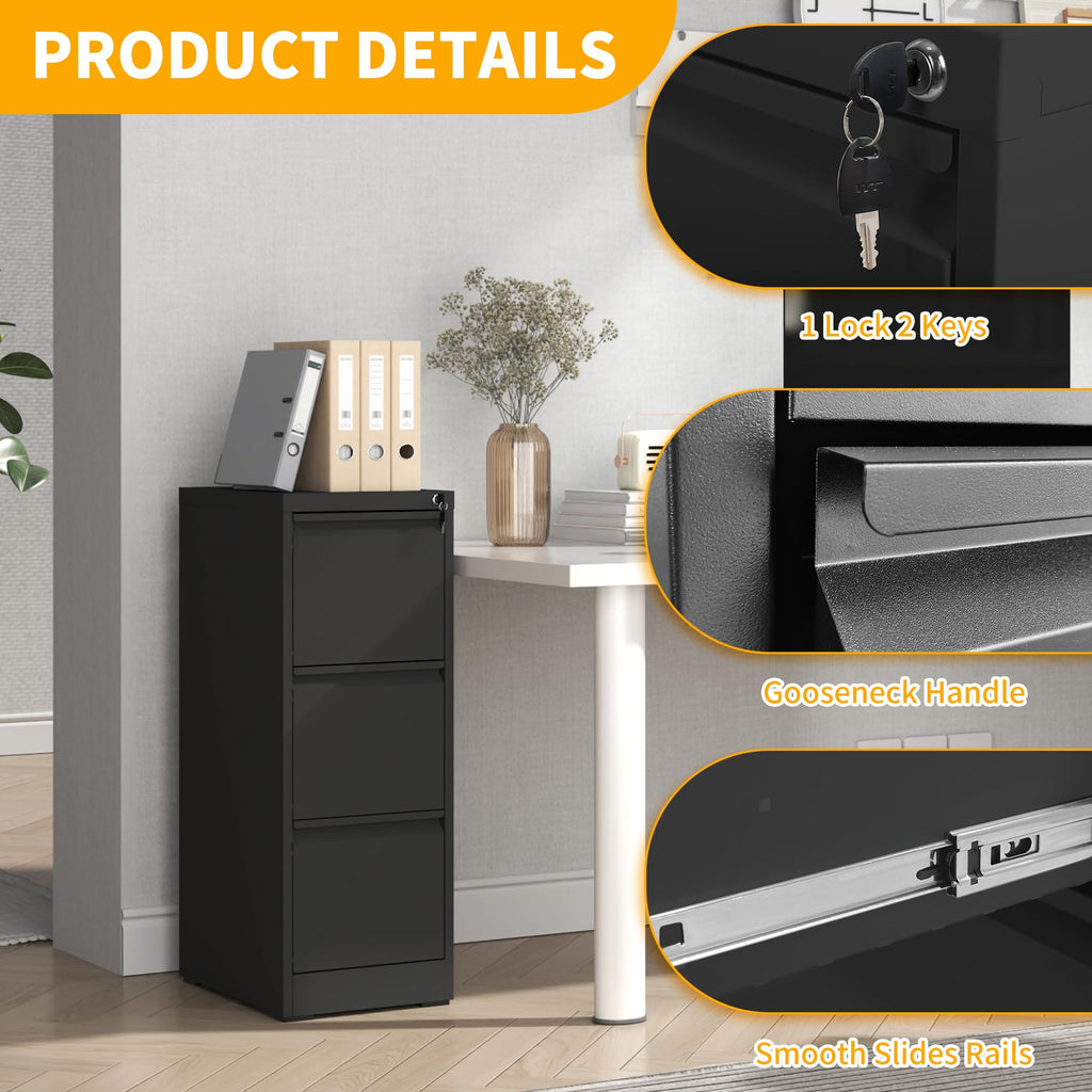3 Drawer Black Metal File Cabinet with Lock I903