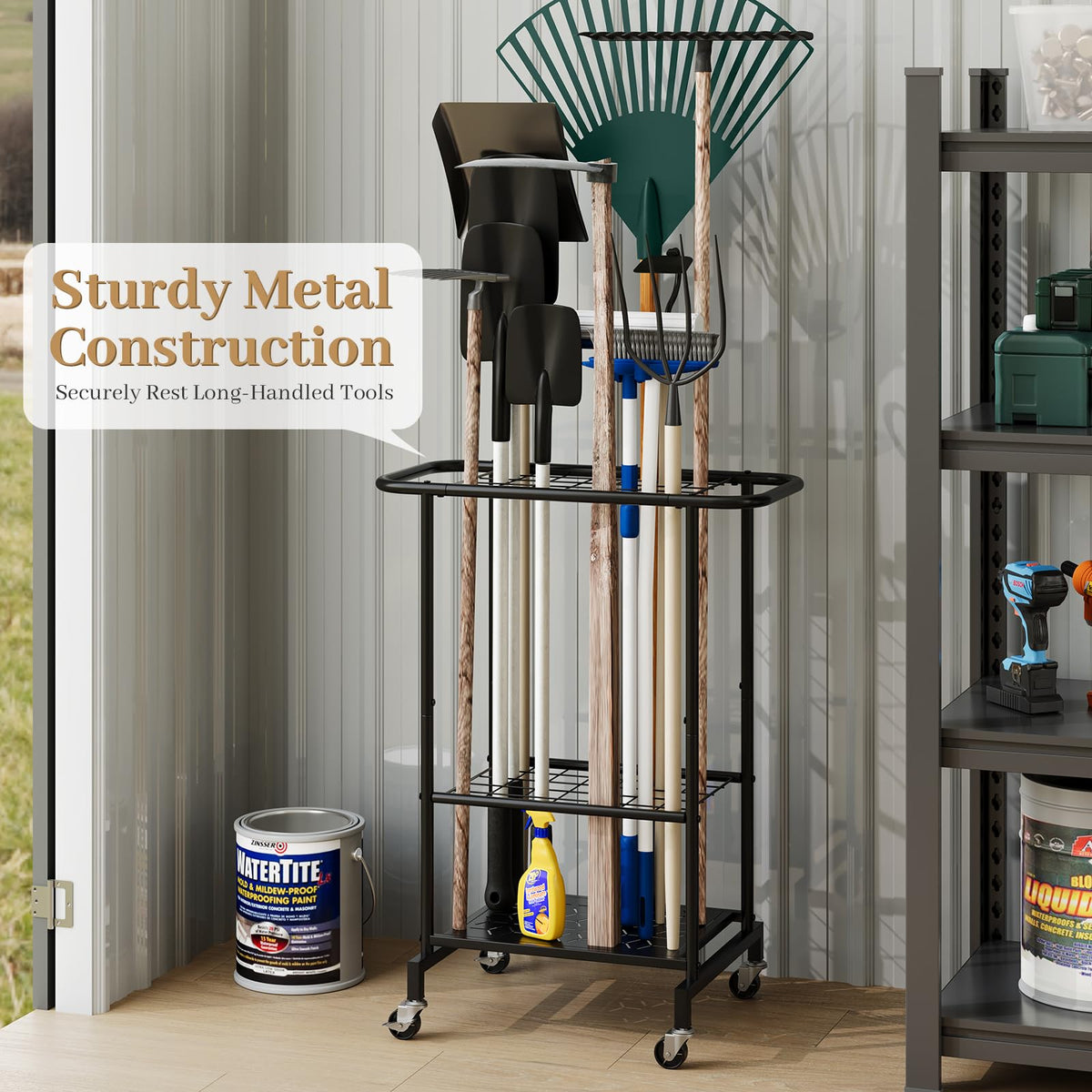Heavy Duty Metal Garden Tool Organizer with Wheels I5766