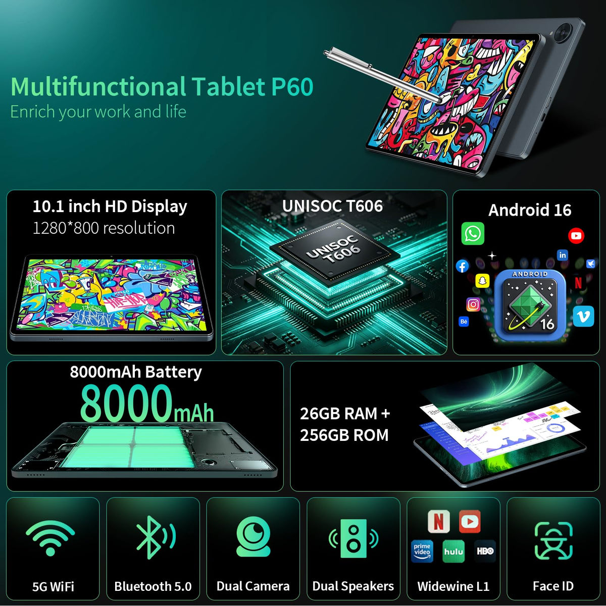 Android 16 Tablet with Keyboard 26GB 256GB 2TB Octa-Core Black Case X75719
