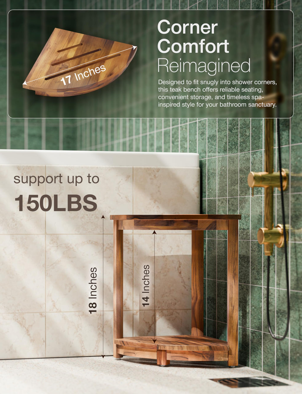 18" Teak Wood Corner Shower Bench & Stool with Lower Shelf U40467