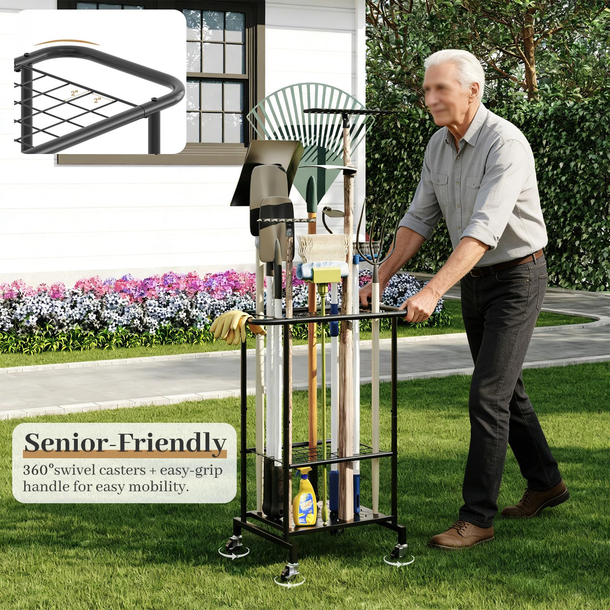 Heavy Duty Metal Garden Tool Organizer with Wheels I5766