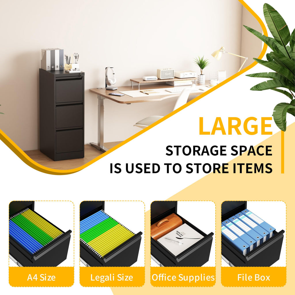 3 Drawer Black Metal File Cabinet with Lock I903