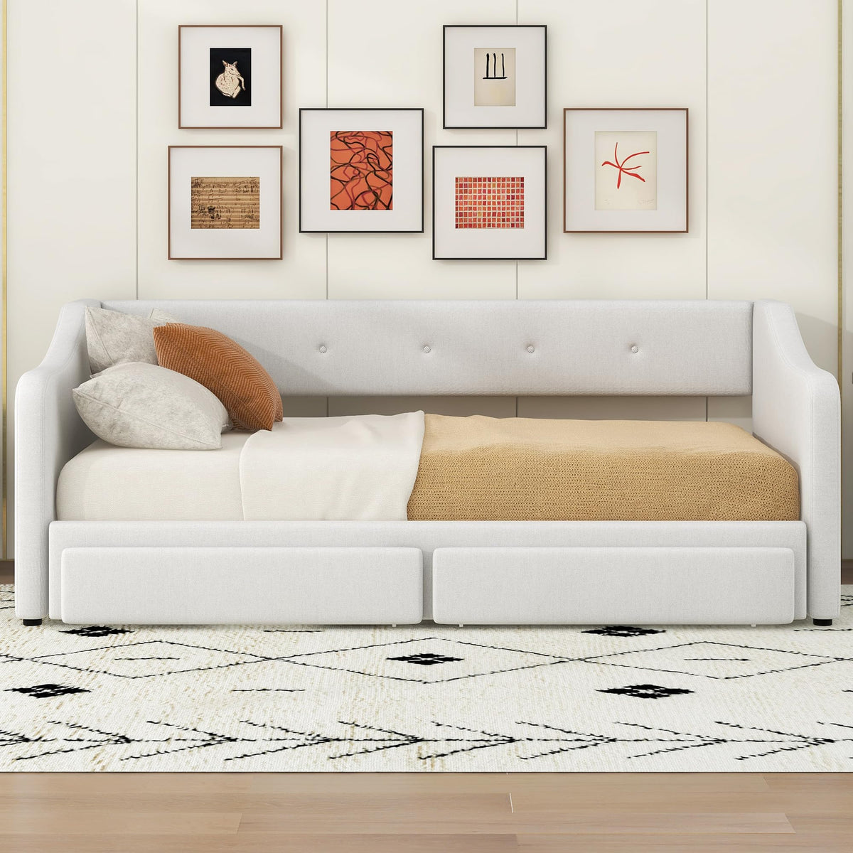 Beige Upholstered Daybed with Trundle and Storage Drawers Y420