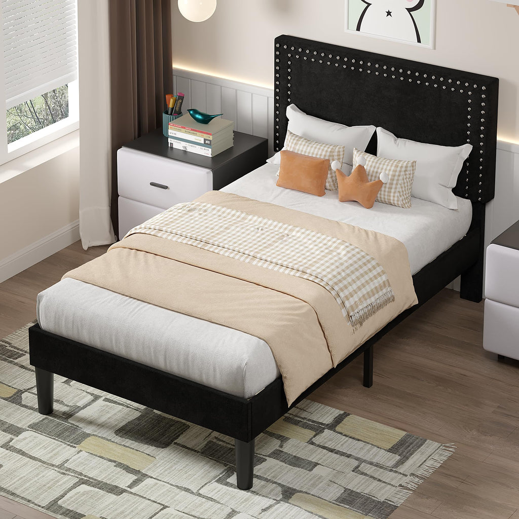 Twin Size Black Platform Bed Frame with Adjustable Upholstered Headboard L6252