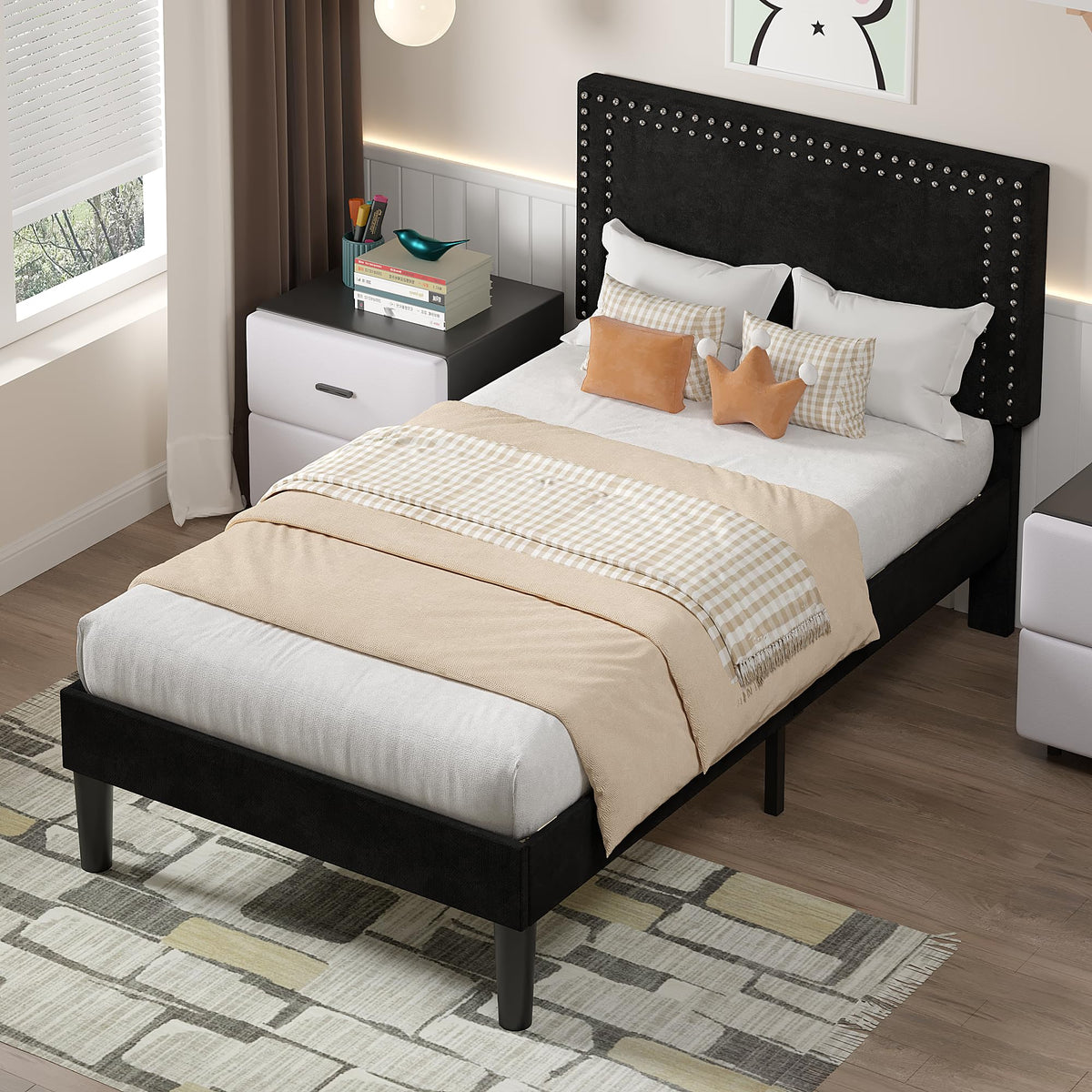 Twin Size Black Platform Bed Frame with Adjustable Upholstered Headboard L6252