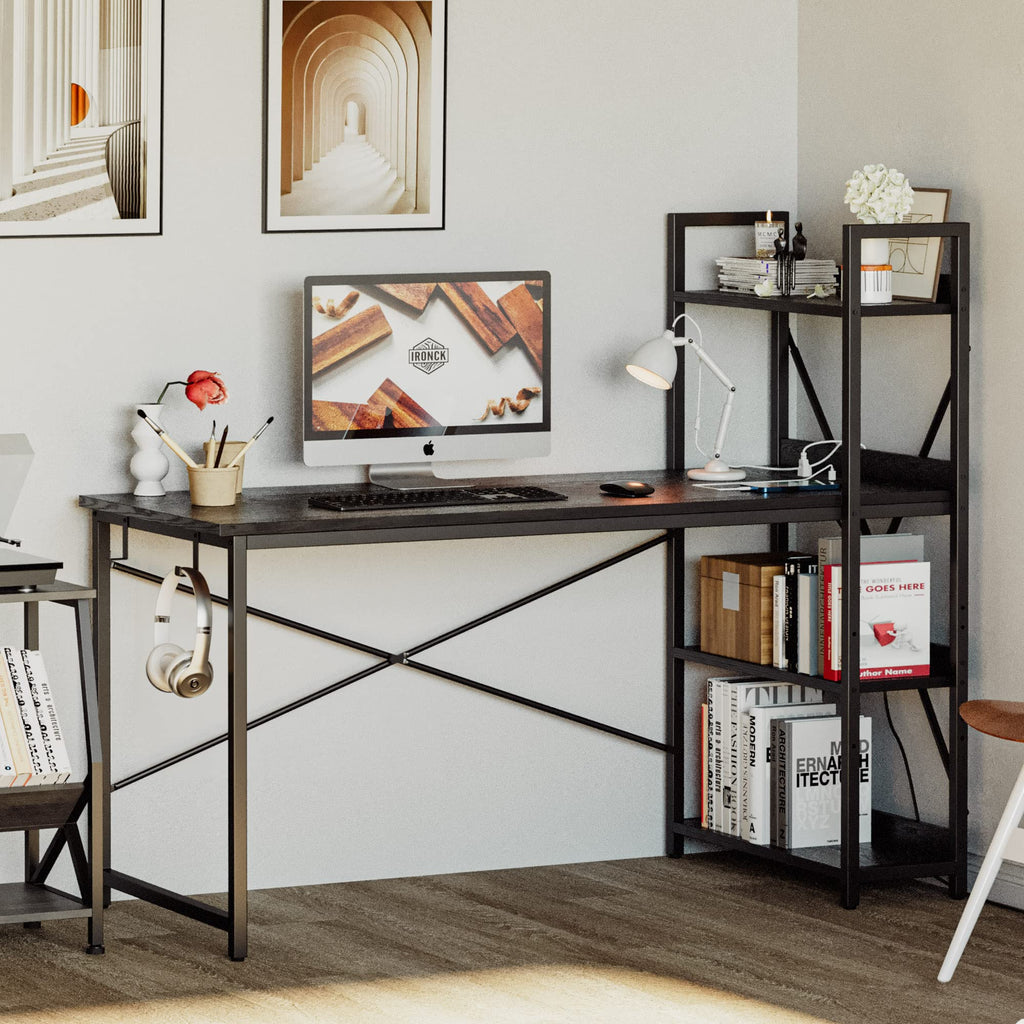 Black Computer Desk with Power Outlet and Storage Shelves D983