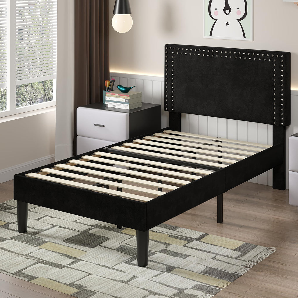 Twin Size Black Platform Bed Frame with Adjustable Upholstered Headboard L6252