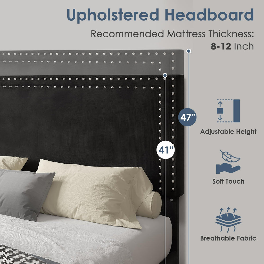 Twin Size Black Platform Bed Frame with Adjustable Upholstered Headboard L6252