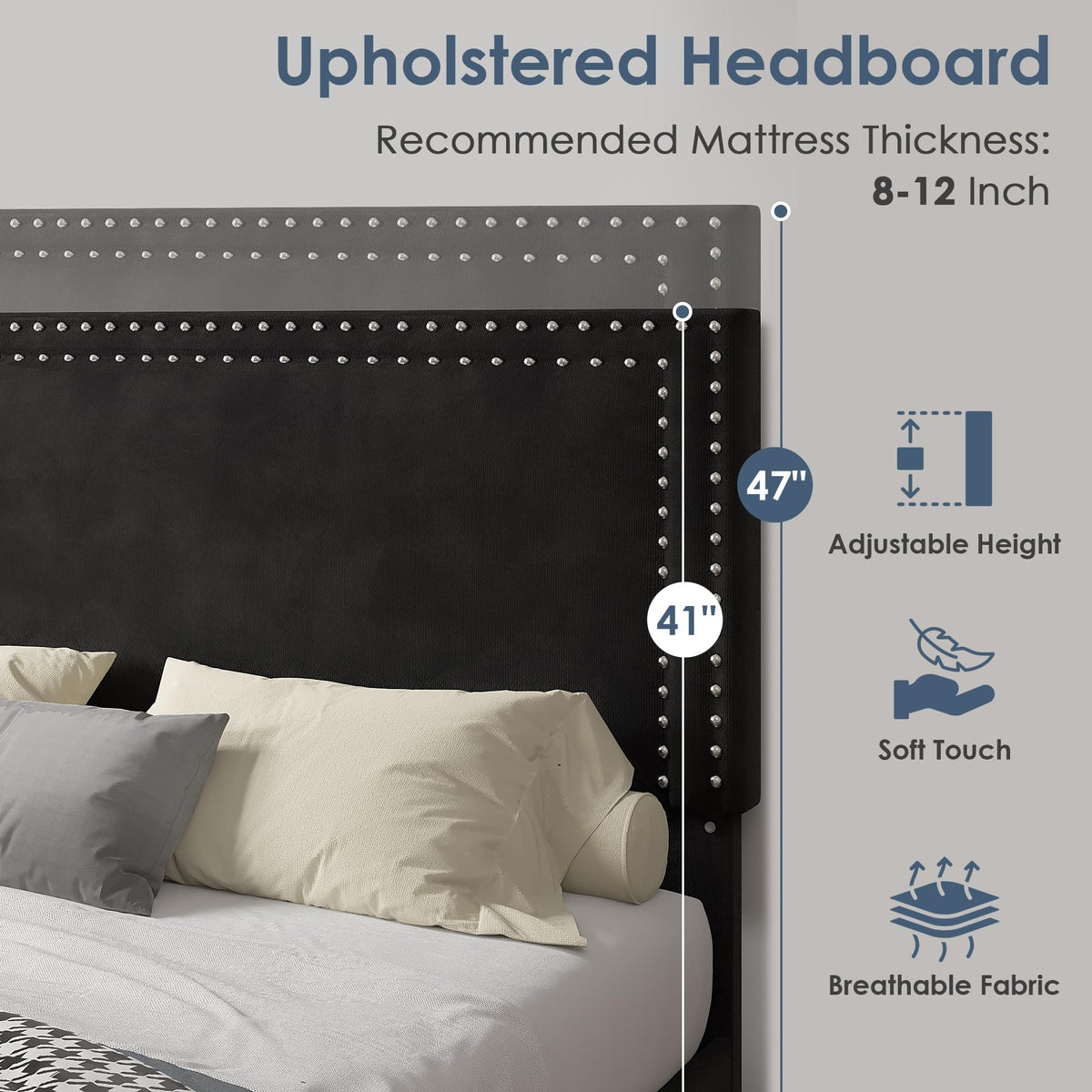 Twin Size Black Platform Bed Frame with Adjustable Upholstered Headboard L6252