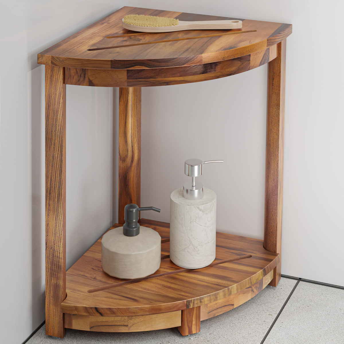 18" Teak Wood Corner Shower Bench & Stool with Lower Shelf U40467