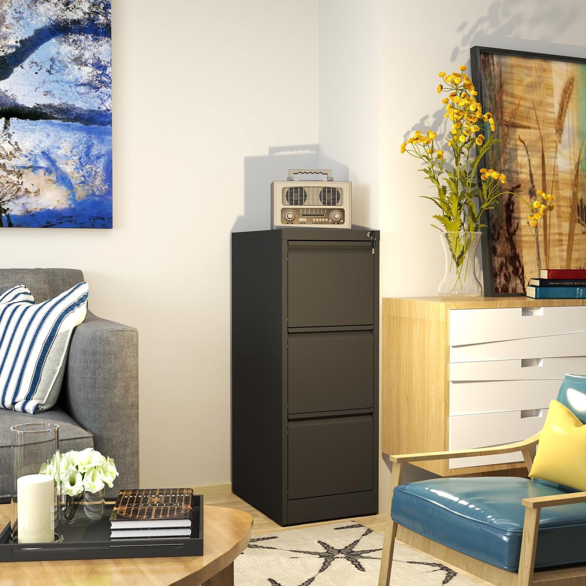 3 Drawer Black Metal File Cabinet with Lock I903