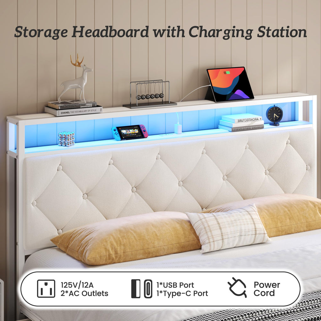 Queen Size Bed Frame with Headboard, Storage Drawers, Charging Station, Led Lights, Metal Structure, Beige N5120
