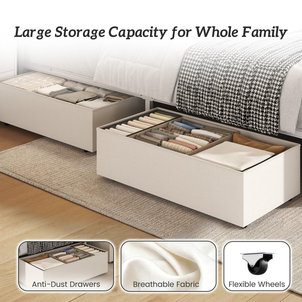 Queen Size Bed Frame with Headboard, Storage Drawers, Charging Station, Led Lights, Metal Structure, Beige N5120