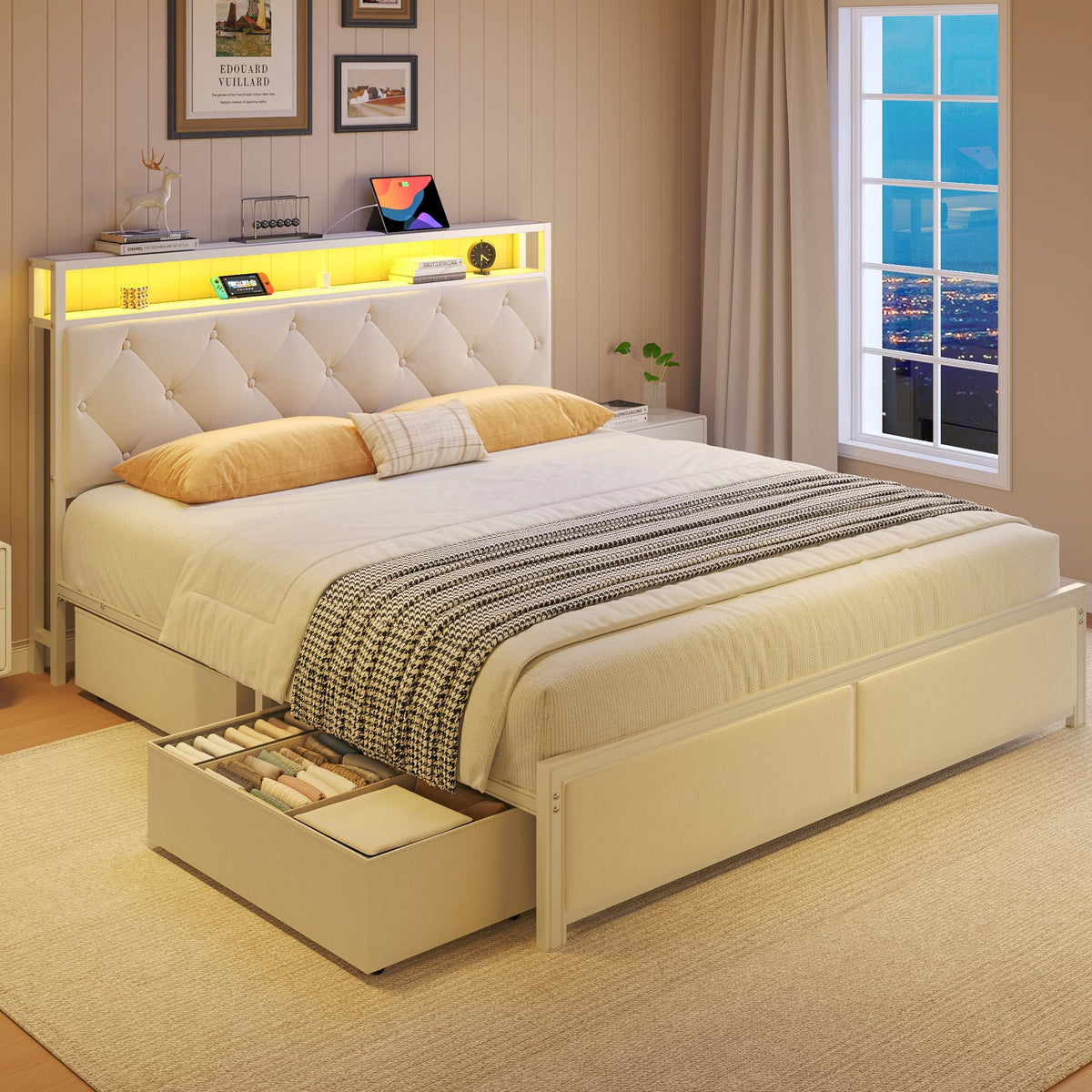 Queen Size Bed Frame with Headboard, Storage Drawers, Charging Station, Led Lights, Metal Structure, Beige N5120