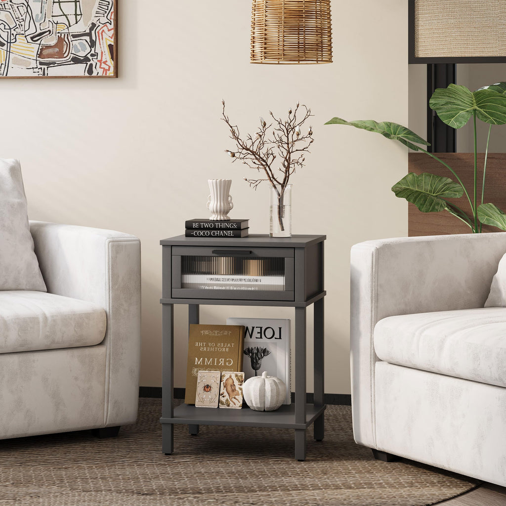 Grey Wooden Nightstand with Drawer and Storage Shelf R623982