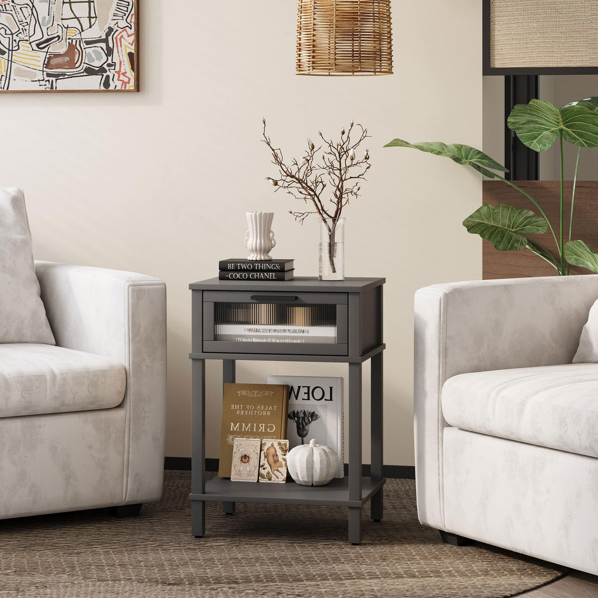 Grey Wooden Nightstand with Drawer and Storage Shelf R623982