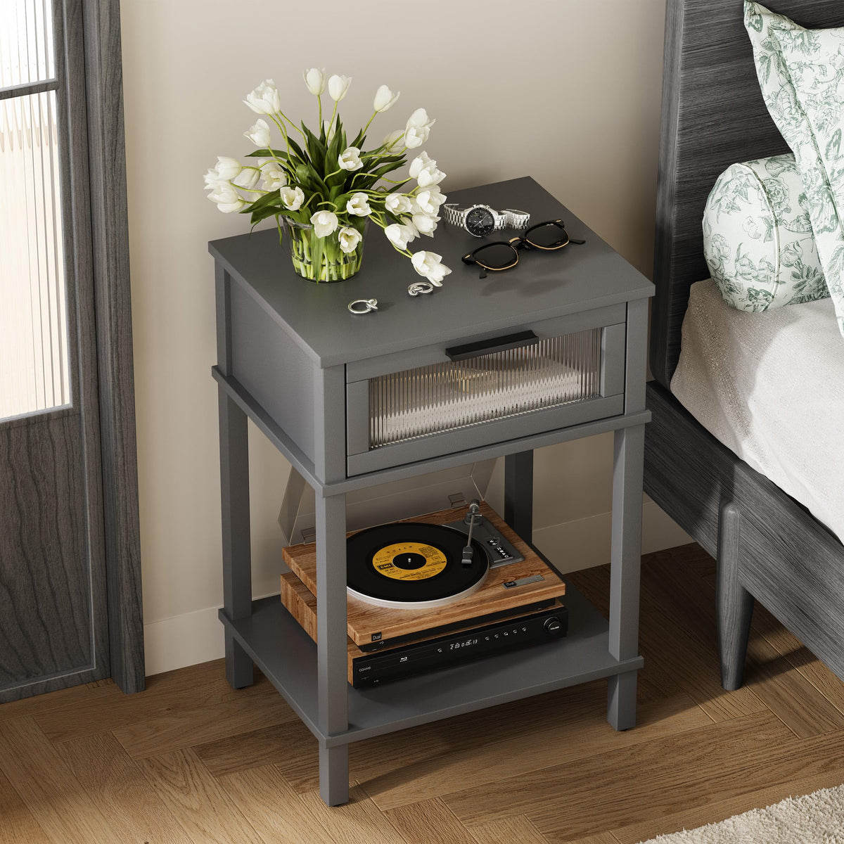 Grey Wooden Nightstand with Drawer and Storage Shelf R623982