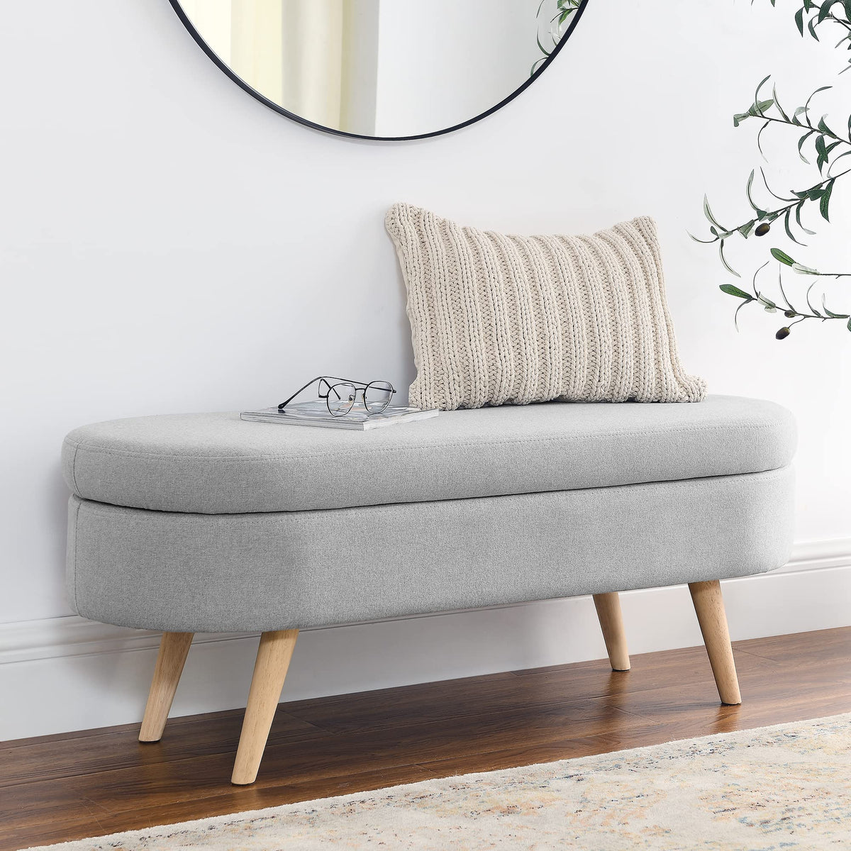 Oval Linen Upholstered Storage Bench with Rubber Wood Legs Y1612
