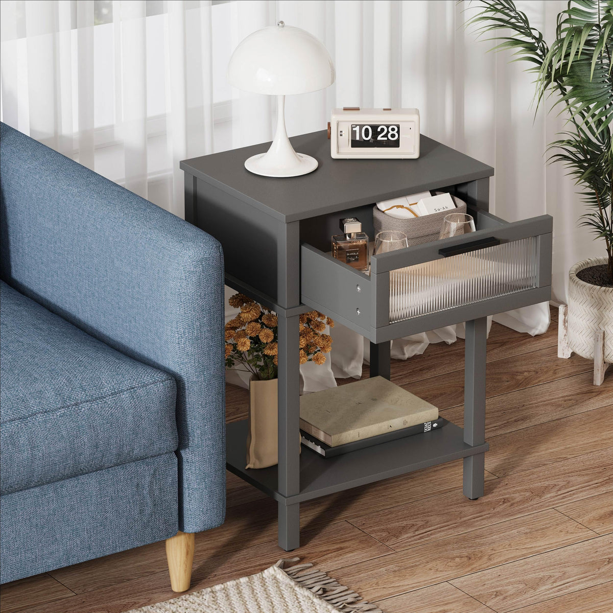 Grey Wooden Nightstand with Drawer and Storage Shelf R623982